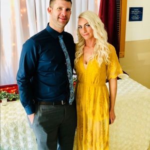 Honey punch mustard yellow lace romper floorlength